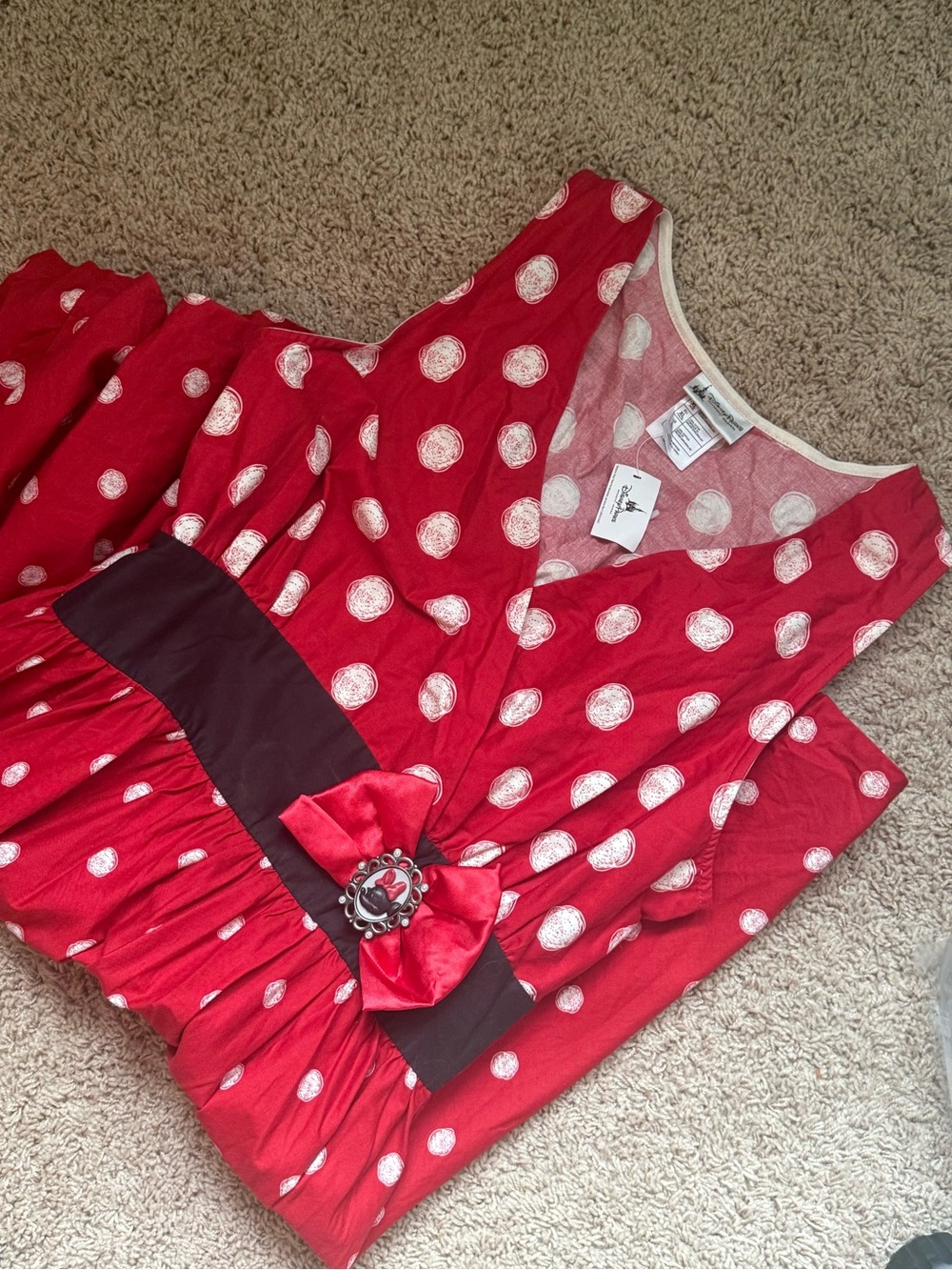 Disney Minnie Mouse Red Polka Dot Dress with Black Waist Sash and Bow Flare